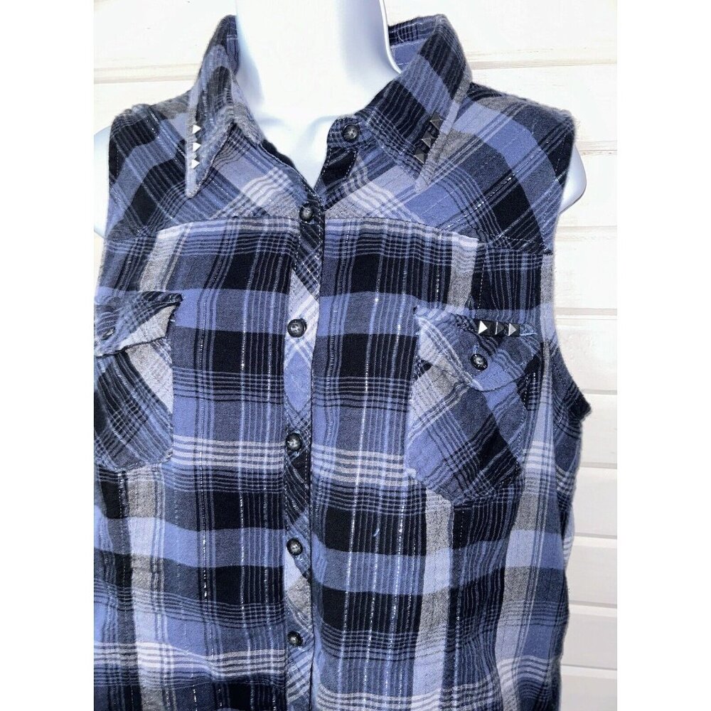 Harley Davidson Sz XL Shirt Blue Black Plaid Sleeveless Embroidered Women’s EUC